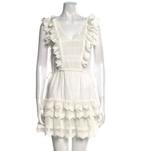 SUBOO Women's White Lace Ruffle Mini Dress Size 2 100% Cotton V-Neck Romantic
